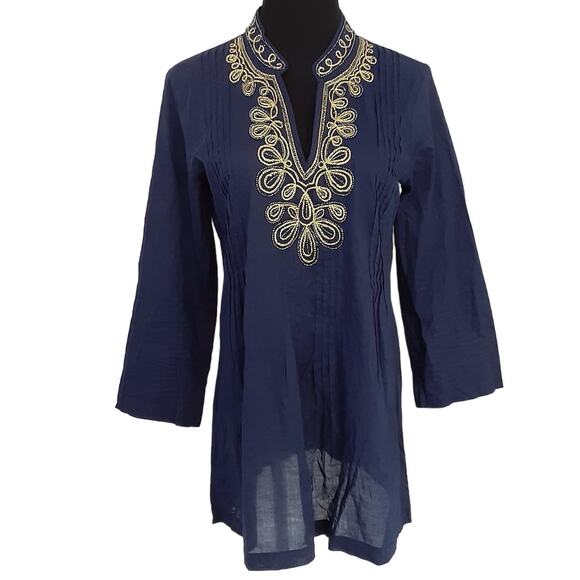 Lilly Pulitzer Sarasota Tunic Top Navy Blue Beaded Soutache Embroidered Womens S - Picture 1 of 14